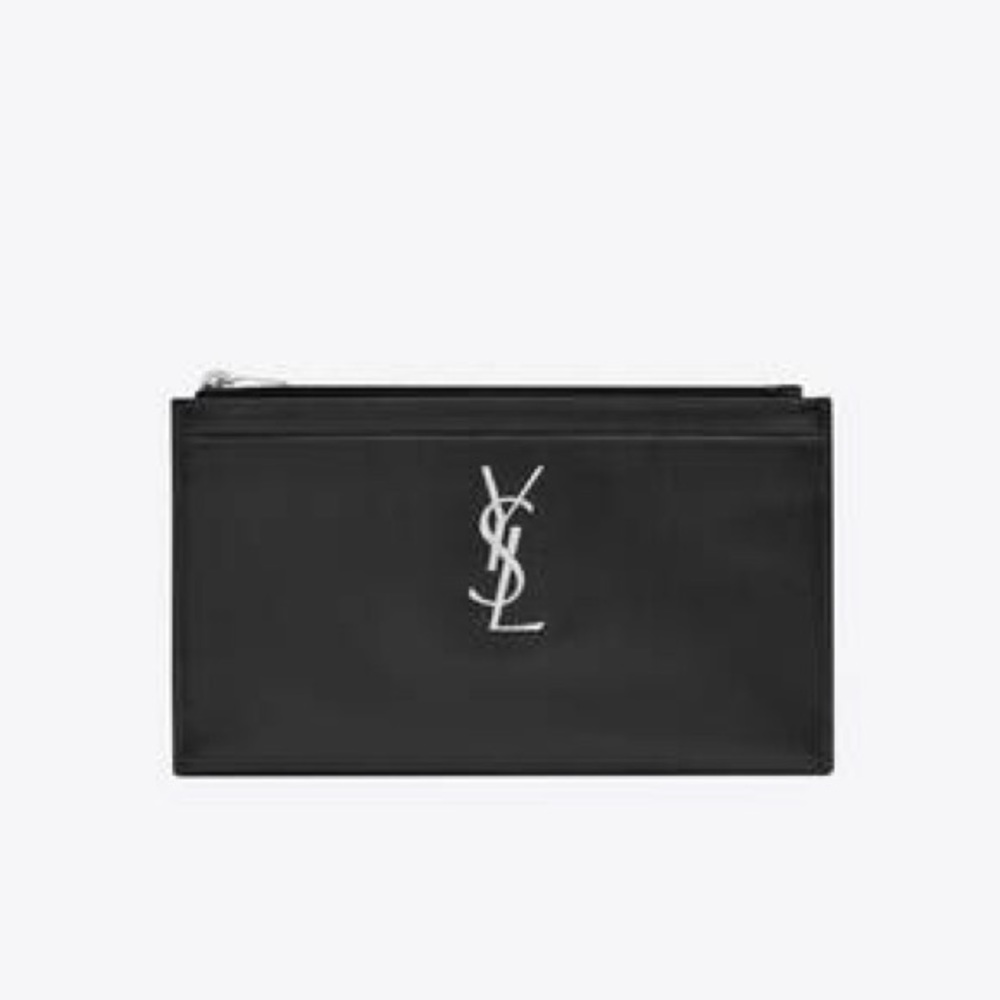 New in Box Saint Laurent YSL Bill Pouch Clutch Wallet in Black Smooth Leather